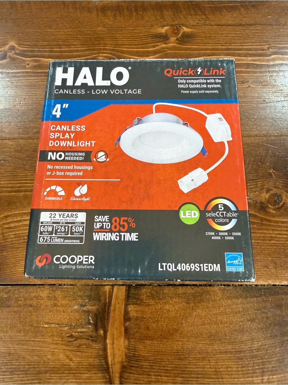 Halo 4" Canless Splay Downlight in White with Red and Black Box